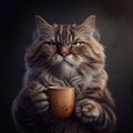 Illustration of cute cat holding cup of coffee, good morning