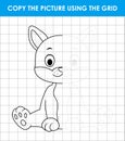 Cute cat sitting. Copy the picture using grid lines. Educational game for children