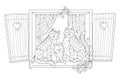 Illustration of cute cats family sitting on the window. Zen-tangle style image. Printable page for drawing and meditation.