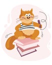 Illustration, a cute scientist ginger cat with a pencil on a stack of books. Children\'s illustration for school, postcar