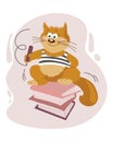 Illustration, a cute scientist ginger cat with a pencil on a stack of books. Funny scientist cat. Children\'s illustration