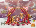 Illustration of cute circus animals on stage in sky