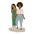 Illustration cute couple walking and holding hands together white background, diverse family, lesbian love