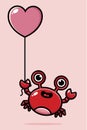Cute crab animal cartoon character flying with love balloon