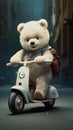 illustration of a cute cuddly white teddy on a light blue motorroller