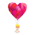 Illustration of cute cupid holding a lot of balloons in heart shape.