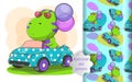 Illustration of cute dino ride a car and pattern Royalty Free Stock Photo