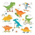 Illustration of cute dinosaurs riding skateboard, scooter and bicycle Royalty Free Stock Photo