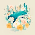 Illustration with a cute dolphin yellow and white flowers and seaweed