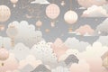 Illustration of a cute, dream-like landscape for kids featuring abstract celestial shapes and magical elements scattered