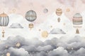 Illustration of a cute, dream-like landscape for kids featuring abstract celestial shapes and magical elements scattered