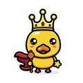 The cute duck animal cartoon character becomes the king of the duck wearing a crown