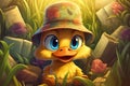 Illustration of a cute duck in a hat sitting in the grass