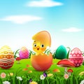 Cute Easter duckling in the broken Easter egg