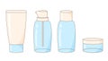 Illustration of cute empty transparent tubes of bottles for cosmetics, creams, shampoos, shower gel, serums and essences