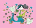 cute fashion girls with scooty ride print vector art