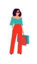 Illustration of a cute fashionable in red pants. Vector. Woman shopper, shopaholic. Fashionable casual girl. Flat style