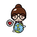 Cute female cartoon character being a teacher holding the earth