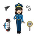 Cute female police officer with equipment set Royalty Free Stock Photo