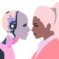 Illustration cute female robot with girl. Woman talking with trendy fashion woman robot. Artificial intelligent interaction. Human Royalty Free Stock Photo