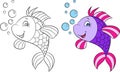 Before and after illustration of a cute fish, smiling, with bubbles, in color and black and white, for children`s coloring book