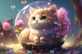 Illustration of a cute fluffy kitten with flowers. Magic spring. Generative ai