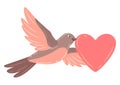 Illustration of cute flying bird and holding heart. Image of birdie in simple style.