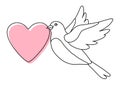 Illustration of cute flying bird and holding heart. Image of birdie in simple style.