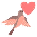 Illustration of cute flying bird and holding heart. Image of birdie in simple style.