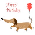Illustration, Cute Funny Dog With A Red Balloon On The Tail And Lettering Happy Birthday. Children\'s Greeting Card