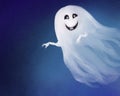 Illustration of a cute funny drawn white ghost that is smiling. friendly ghost on blue background