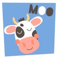 illustration. Cute funny farm animal for kids. Nursery print head cartoon cow. Text moo. Black, white, blue and pink Royalty Free Stock Photo