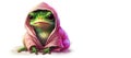 illustration of a cute funny frog in a pink robe isolated on a white background. Generative AI. Panoramic horizontal