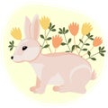 Illustration, cute gentle pink rabbit in wildflowers on a gentle background. Children\'s print, postcard