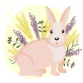 Illustration, cute gentle pink rabbit in wildflowers on a gentle background. Children\'s print, postcard