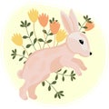 Illustration, cute gentle pink rabbit in wildflowers on a gentle background. Children\'s print, postcard, poster