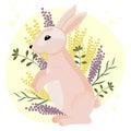 Illustration, cute gentle pink rabbit in wildflowers on a gentle background. Children\'s print, postcard, poster