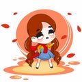 Illustration of Cute Girl Character or Chibi in Autumn Seasons at Couple Set Royalty Free Stock Photo