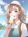 Illustration of a cute girl eating ice cream on a stick. Royalty Free Stock Photo