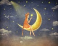 Illustration of a cute girl sitting on the moon in night sky