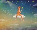 Illustration of a cute girl sitting on the moon in night sky