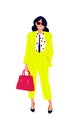 Illustration of a cute girl in a yellow suit. Vector. Woman shopper shopper with purchases. Casual style of dress. Flat style. Ima Royalty Free Stock Photo