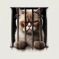 Cute grumpy cat in jail behind bars Royalty Free Stock Photo