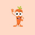 Illustration of cute happy carrot mascot greeting someone with big smile isolated on light background