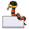 Cute happy coral snake cartoon with blank sign