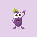 Illustration of cute happy eggplant mascot greeting someone with big smile isolated on light background