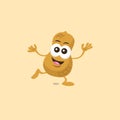 Illustration of cute happy peanut mascot standing on one foot with big smile