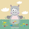 Illustration of cute hippo in water with fishes