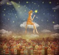 Illustration of cute houses with a little girl on clouds Royalty Free Stock Photo