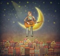 Illustration of cute houses with a man that plays on the guitar Royalty Free Stock Photo